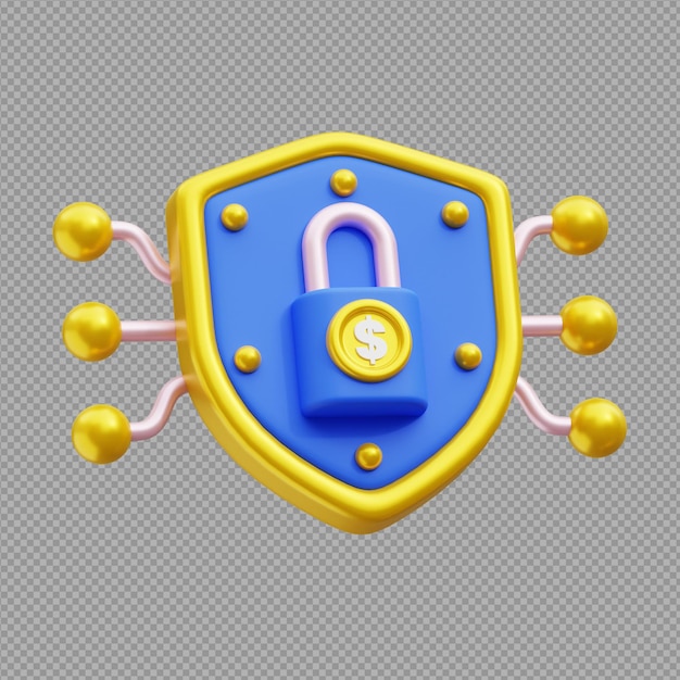 3D illustration of blue padlock with yellow lock with cybersecurity design in transparent background