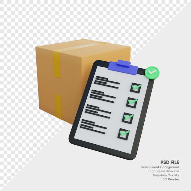 3d illustration of box and clipboard verification