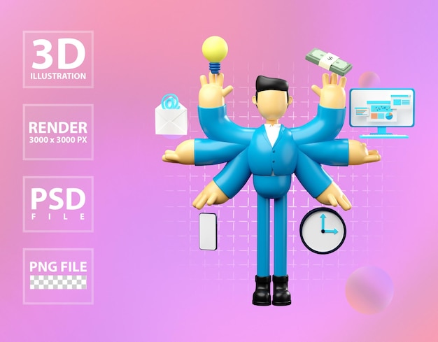 PSD 3d иллюстрация многозадачной работы бизнесмена и тайм-менеджмента