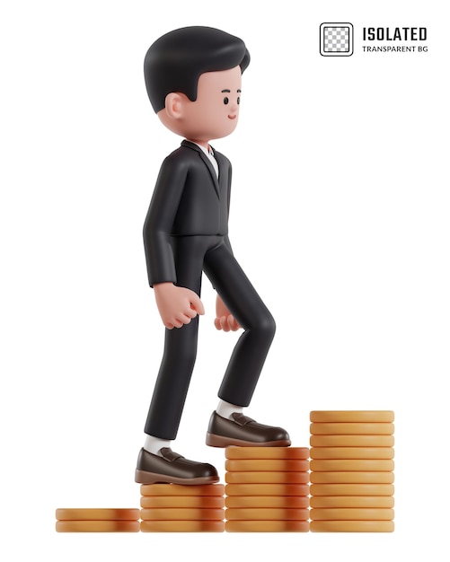 Иллюстрация мультфильма бизнесмена, поднимающегося на диаграмму долларовых монет