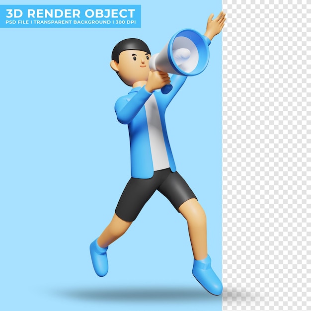 メガホンを持っているかわいいキャラクターの3dイラスト