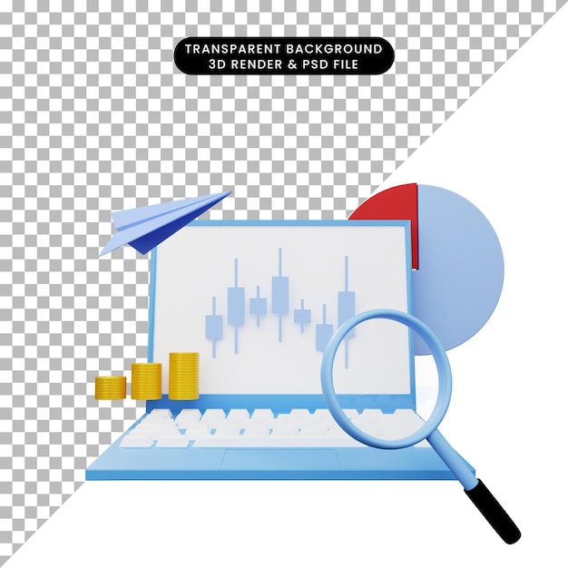 PSD 3d иллюстрации отчета об анализе данных на ноутбуке