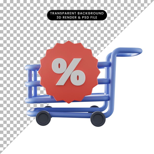 PSD 3d иллюстрация значка скидки с корзиной для покупок