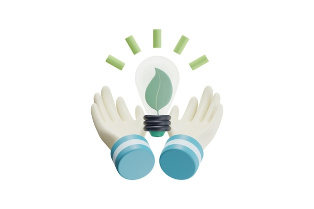 3D Illustration of EcoFriendly Light Bulb with Hands Icon