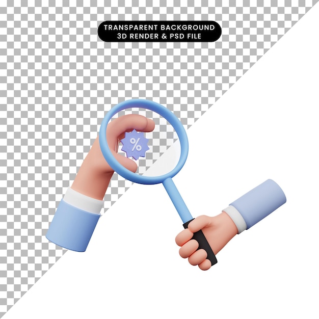 PSD 3d иллюстрации руки, держащей увеличительный значок со скидкой