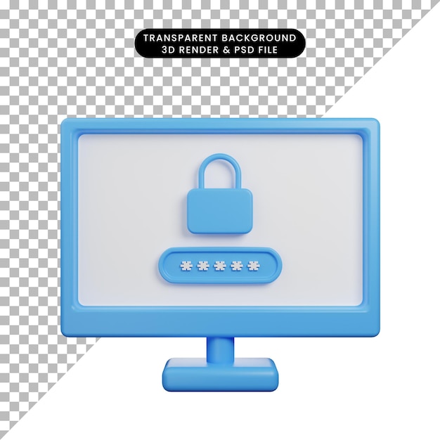 PSD 자물쇠 3d 렌더링 스타일이 있는 로그인 보안 모니터의 3d 그림