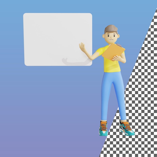 3d иллюстрация мужского персонажа, держащего записку и указывающего на доску 3d рендеринг