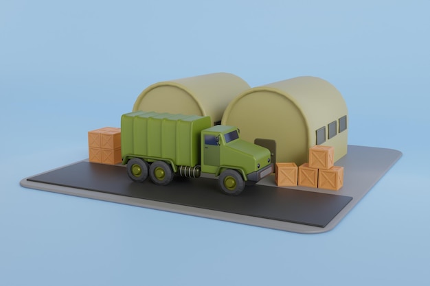 PSD 3d-иллюстрация военной базы с военным транспортом 3d-иллюстрация военного лагеря