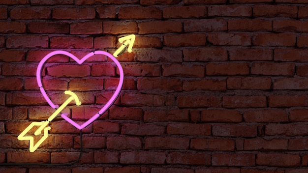 PSD 벽돌 벽에 화살표가 있는 네온 심장 빛의 3d 그림