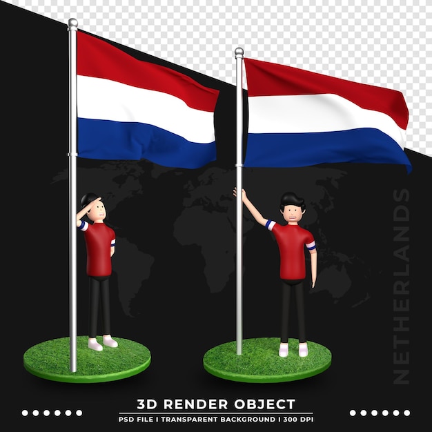 PSD 귀여운 사람들이 만화 캐릭터와 함께 네덜란드 국기의 3d 그림. 3d 렌더링.