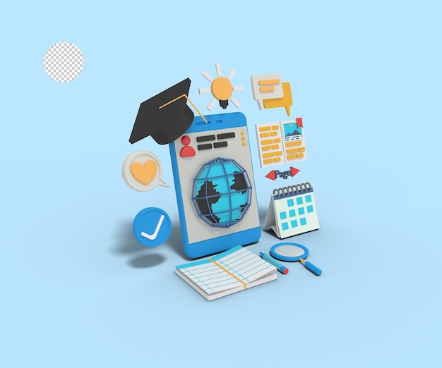3d Illustration of online learning on smart phone