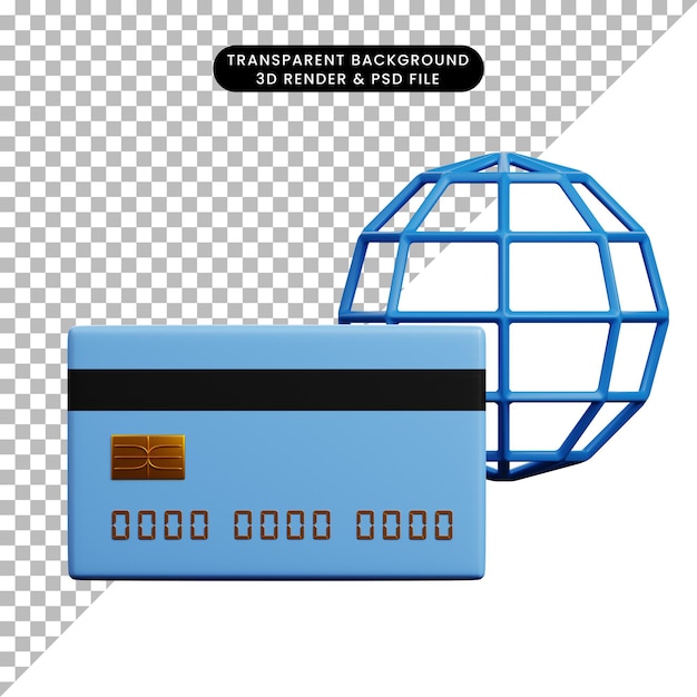 PSD 3-я иллюстрация бумаги значка концепции оплаты с кредитной картой и глобусом