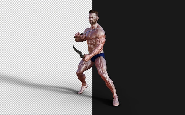 PSD Иллюстрация мужчины без рубашки в синих брюках, показывающего свое мускулистое тело и держащего двойной кинжал