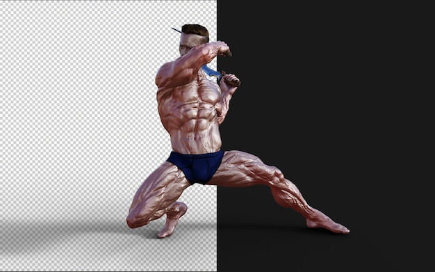 3d Illustration of Shirtless guy in blue panties showing his muscular body and hold twin dagger