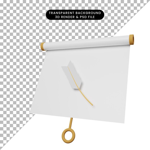 3d illustration of simple object presentation board slightly tilted view with feather pen