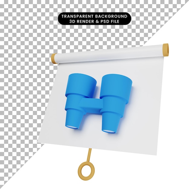 3d illustration of simple object presentation board slightly tilted with binoculars