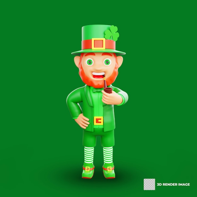 PSD サン・パトリック・デー (st. patrick's day) の3dイラストでパイプを握っているレプレコーン (leprechaun) が描かれています