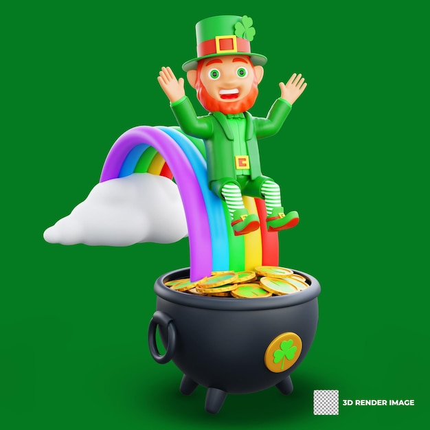PSD セント・パトリック・デー (st. patrick's day) のキャラクターレプレコーン (leprechaun) が虹を飛び越える3dイラスト