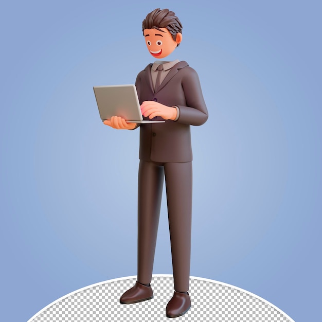 PSD 3d иллюстрация стоящего счастливого бизнесмена с ноутбуком в офисе связи на рабочем месте