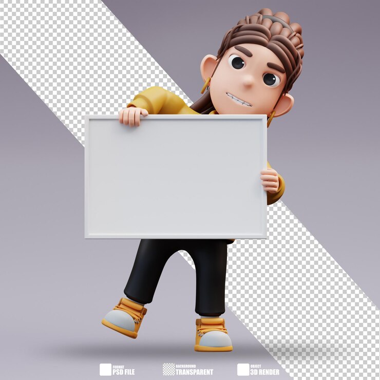 PSD 3d illustration of stylist girl standing by holding a white board