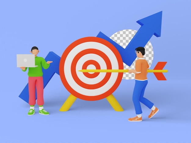 3d illustration of Target business plan with team discussion to achieve target goals