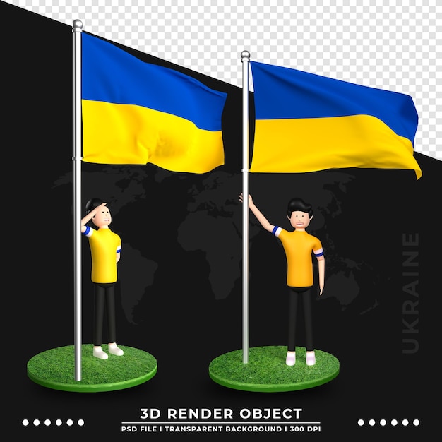 PSD 3d иллюстрации флага украины с милыми людьми мультипликационный персонаж. 3d-рендеринг.