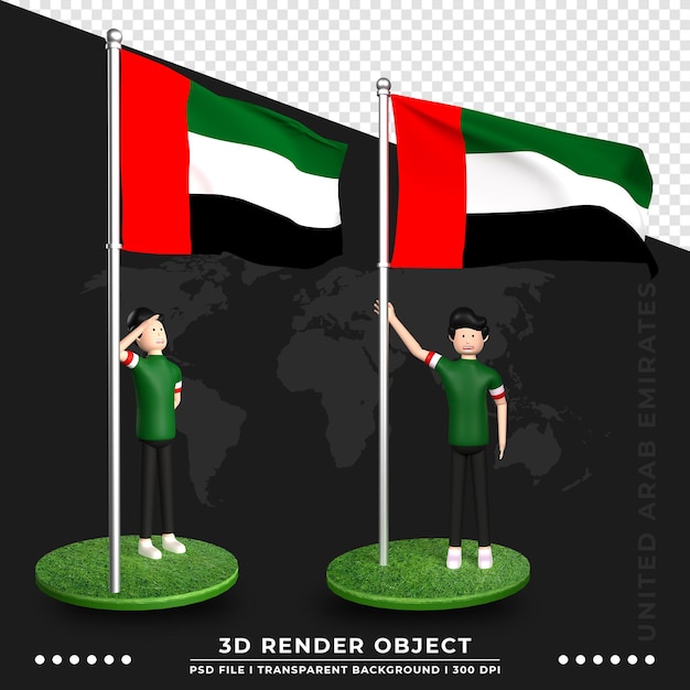 PSD 귀여운 사람들이 만화 캐릭터와 함께 아랍 에미리트 국기의 3d 그림. 3d 렌더링.