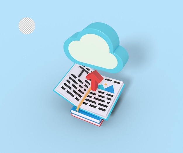 PSD 3d иллюстрация загрузки электронной книги в облако