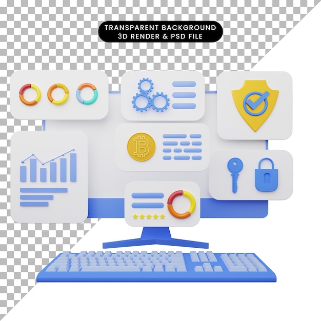 PSD モニターとキーボードを備えたユーザーインターフェースの3dイラスト
