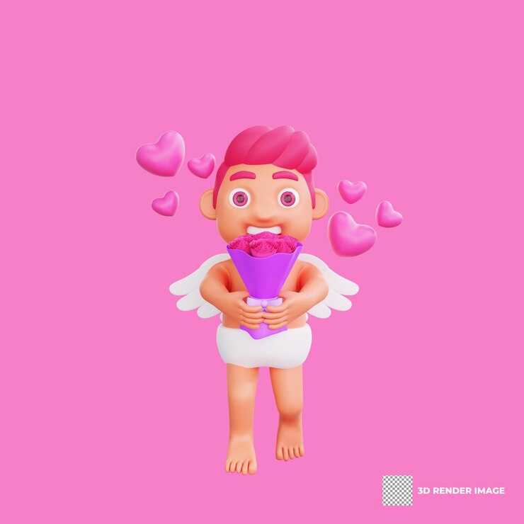 PSD 3d illustration of valentine cupid character holding a bouquet of roses