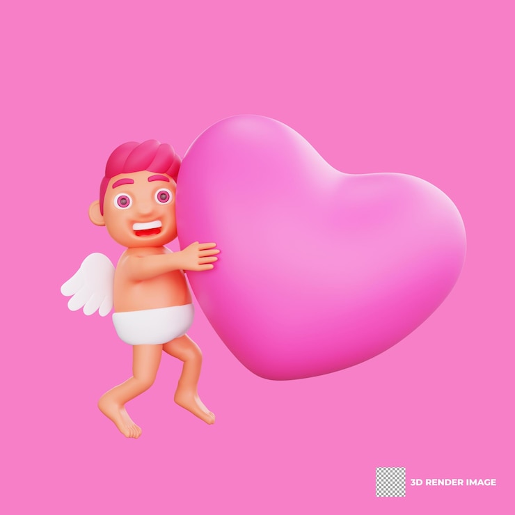 PSD 3d illustration of valentine cupid character hugging a vibrant pink heart