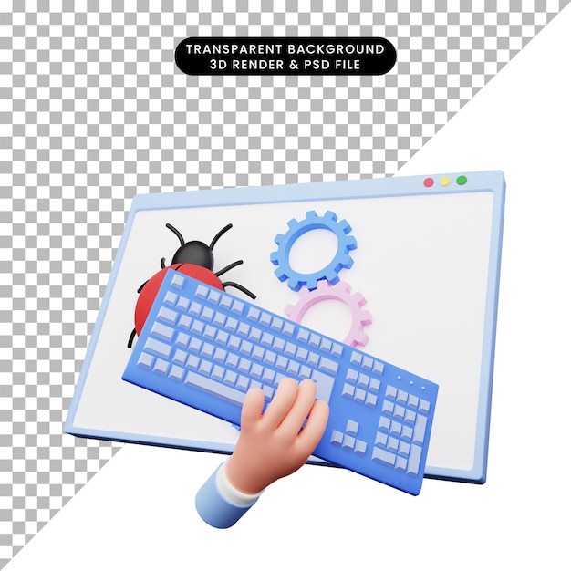 PSD 3d иллюстрации веб-иллюстрации с рукой с клавиатурой перед ошибкой и шестерней