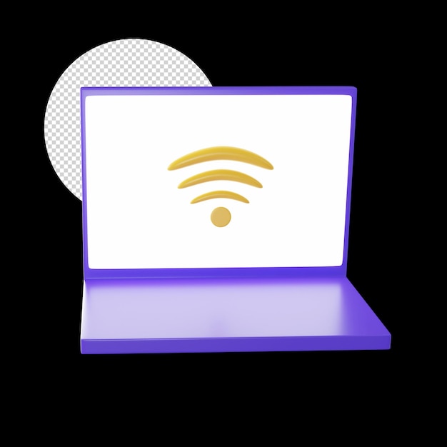 PSD 3d-иллюстрация фиолетового значка ноутбука wifi connect на черном фоне