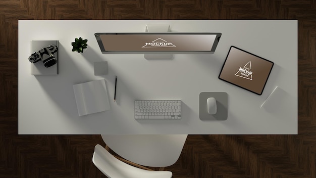 3D illustration, office desk with computer and tablet