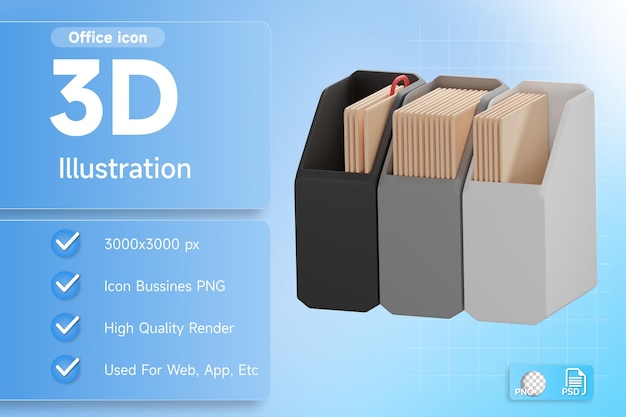 PSD 3d-иллюстрация офисная папка с канцелярскими файлами