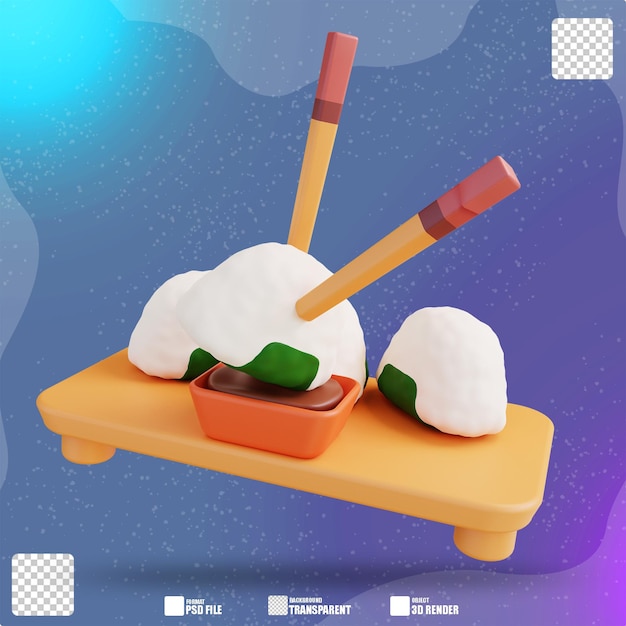 Illustrazione 3d bacchette onigiri salsa di soia piatto tradizionale giapponese