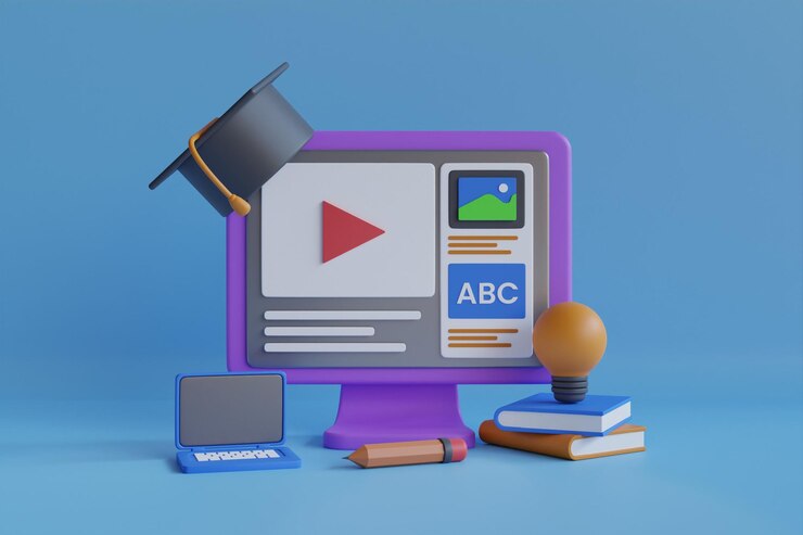 PSD 3d illustration of online education. online education, webinar, university, school digital classes