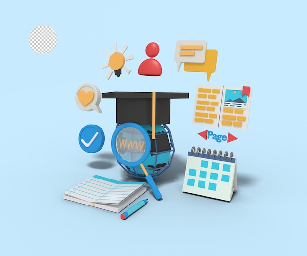 3d illustration of online learning on internet