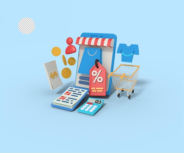 3d Illustration of online shop discount and budget