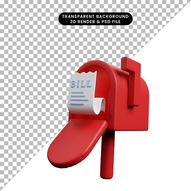 Illustrazione 3d della fattura cartacea dell'icona del concetto di pagamento sulla cassetta delle lettere