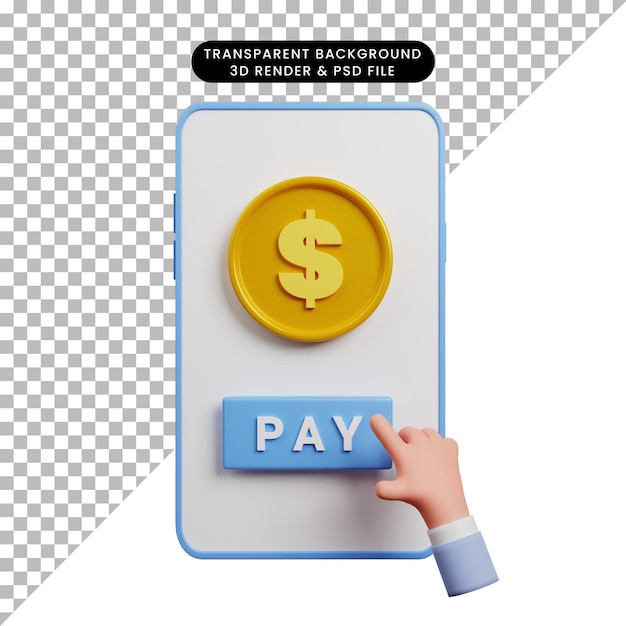 Illustrazione 3d dello smartphone di concetto di pagamento con l'icona di paga di tocco della mano e della moneta