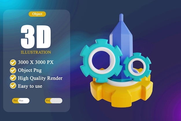 3d illustration pencil and gear 3