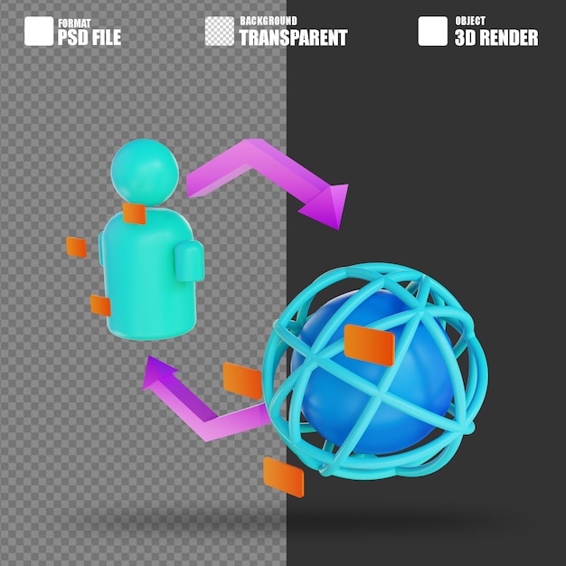 3d 일러스트레이션 사람과 글로벌 사용자가 흐릅니다.