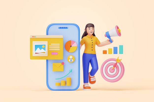 마케팅에서 일하는 사람의 3d 일러스트