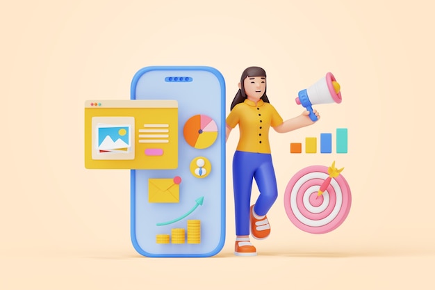 PSD 3d illustration of person working in marketing