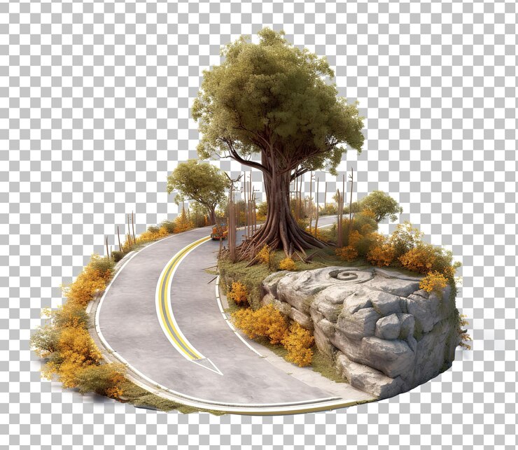 PSD 3d illustration of piece of green highway road isolated creative travel and tourism road 3d design