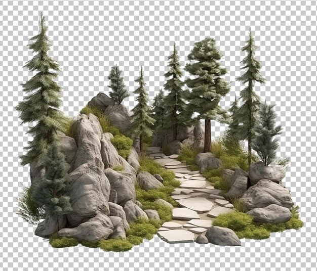 PSD 3d illustration piece of wild land with trees and dirt road for cars and tracking isometric nature