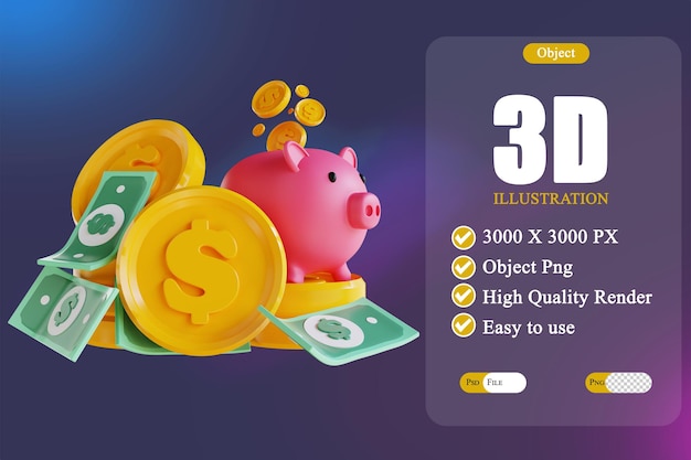 PSD 3d иллюстрация копилка и куча денег 3