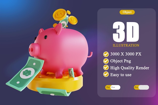 PSD 3d illustration piggy bank and money