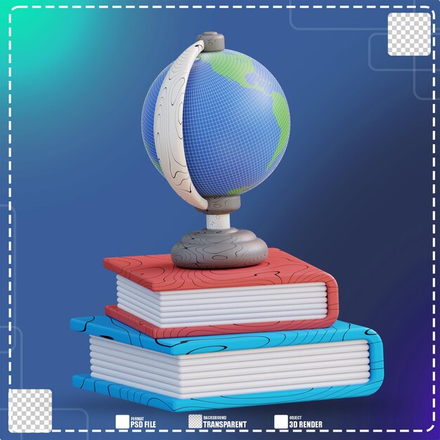 3d illustration of pile of books and globe 3